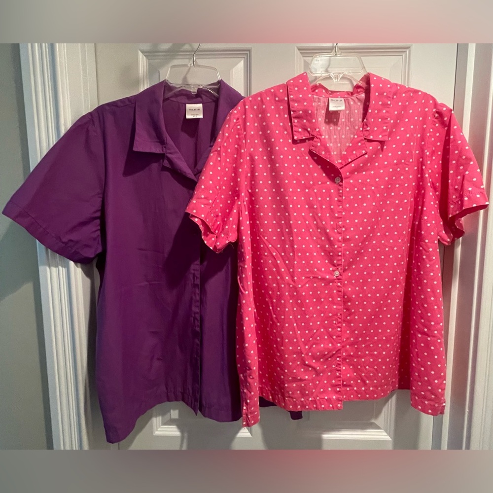 $9 FOR BOTH SHIRTS!
1) Vibrant Purple  2) Bright Pink w/White Polka Dots. XL